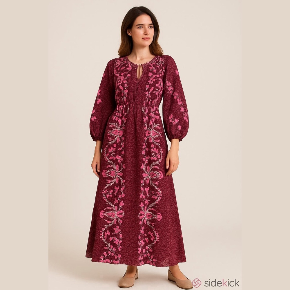 Celina Moon Maroon Pink Floral Maxi Dress Bohemian Smocking Womens Sz Large